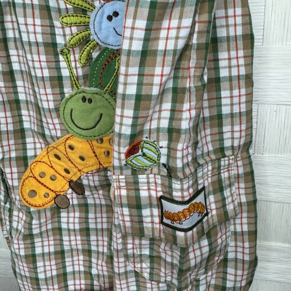 Vintage Plaid Insect Embroidery Shortall Overalls Brown 0-3M Caterpillar